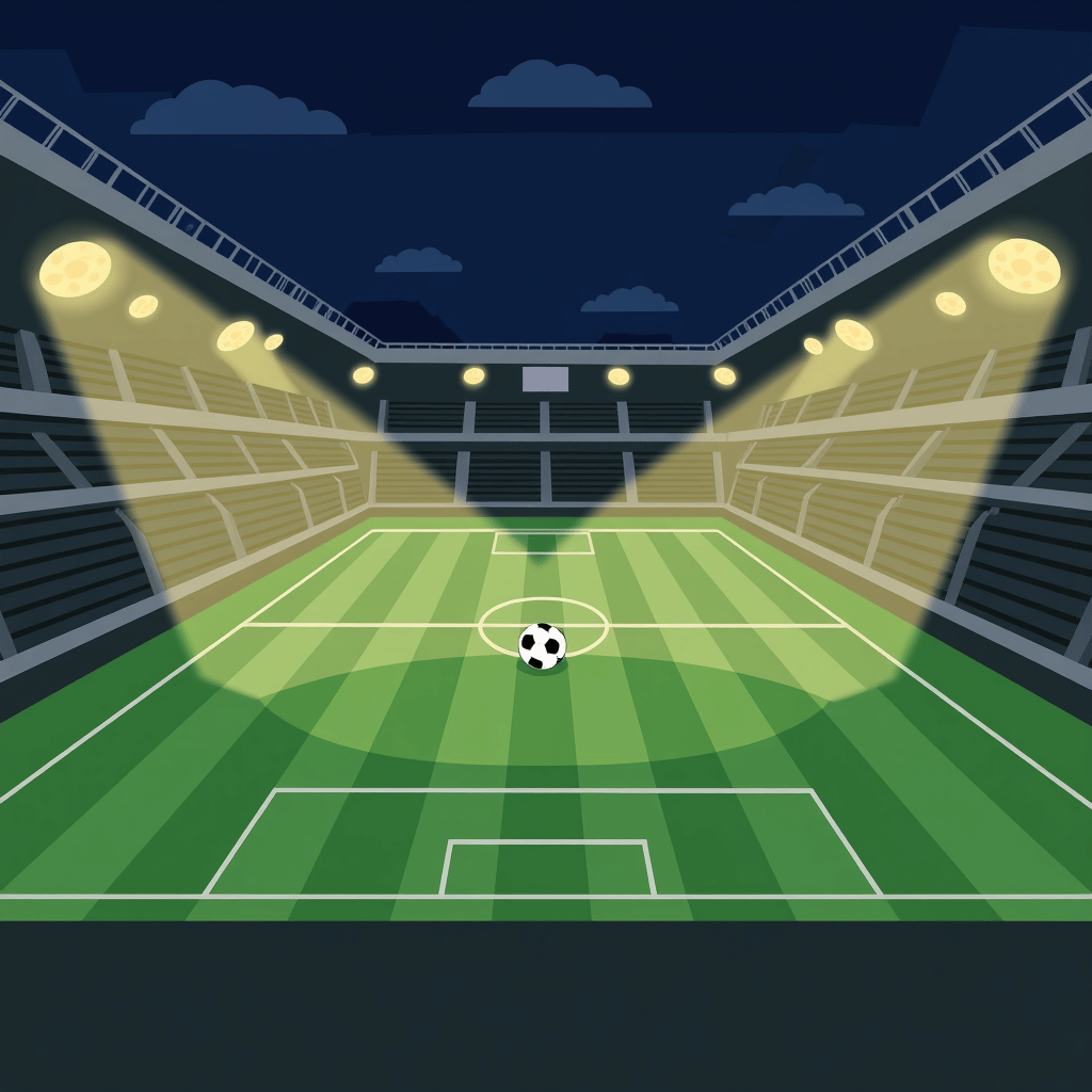 Night football stadium lights shining on a ball before kickoff